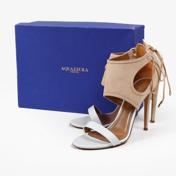 Aquazzura Beige & White Suede Sandals Heels - Picture 9 of 9